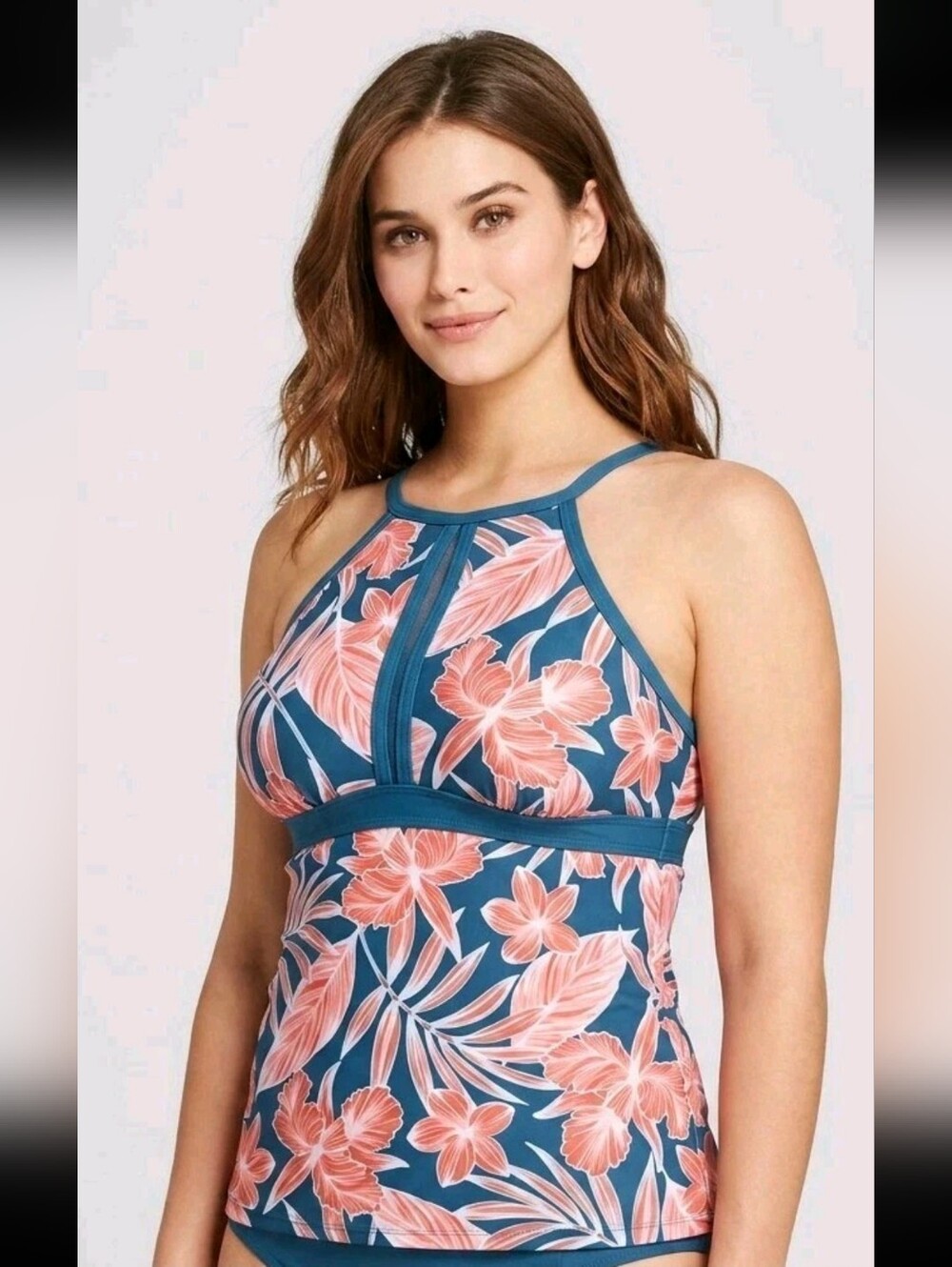 Lands End 18DD Blue Bathing Suit Tankini Top Orange Tropical Floral Keyhole